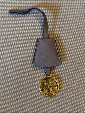 Tory Burch Taupe Leather Hang Logo Tag with Gold Logo Charm
